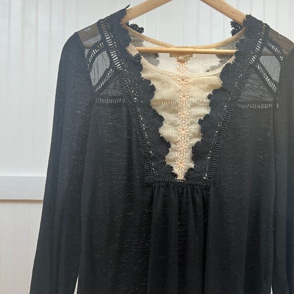 Anthropologie Meadow Rue Black Lace Embroidered Sheer Yoke Blouse Top S Boho - Picture 1 of 7